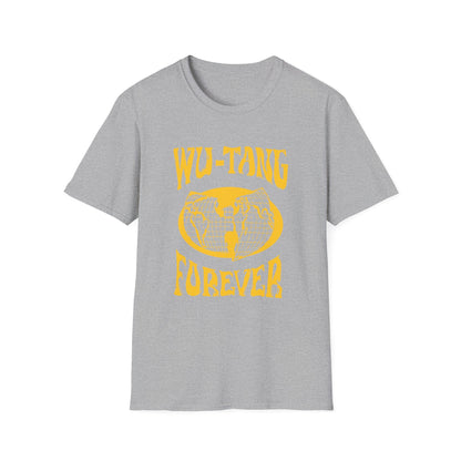 Grey t-shirt with yellow text "WU-TANG FOREVER" and globe graphic.