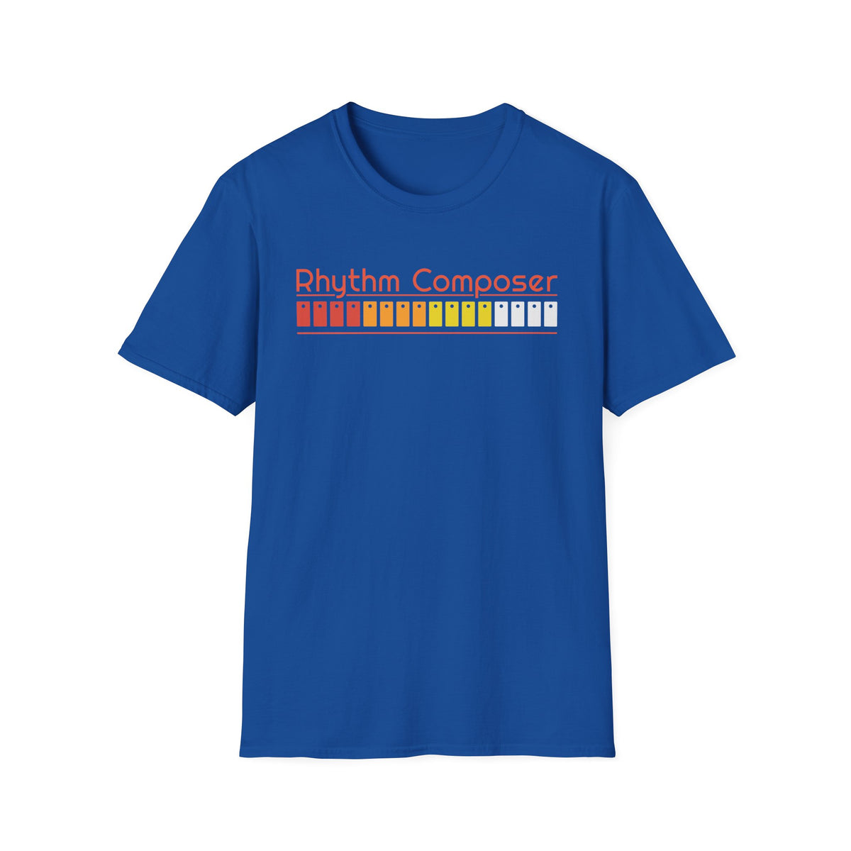 Blue t-shirt with "Rhythm Composer" and a colorful sequencer graphic.