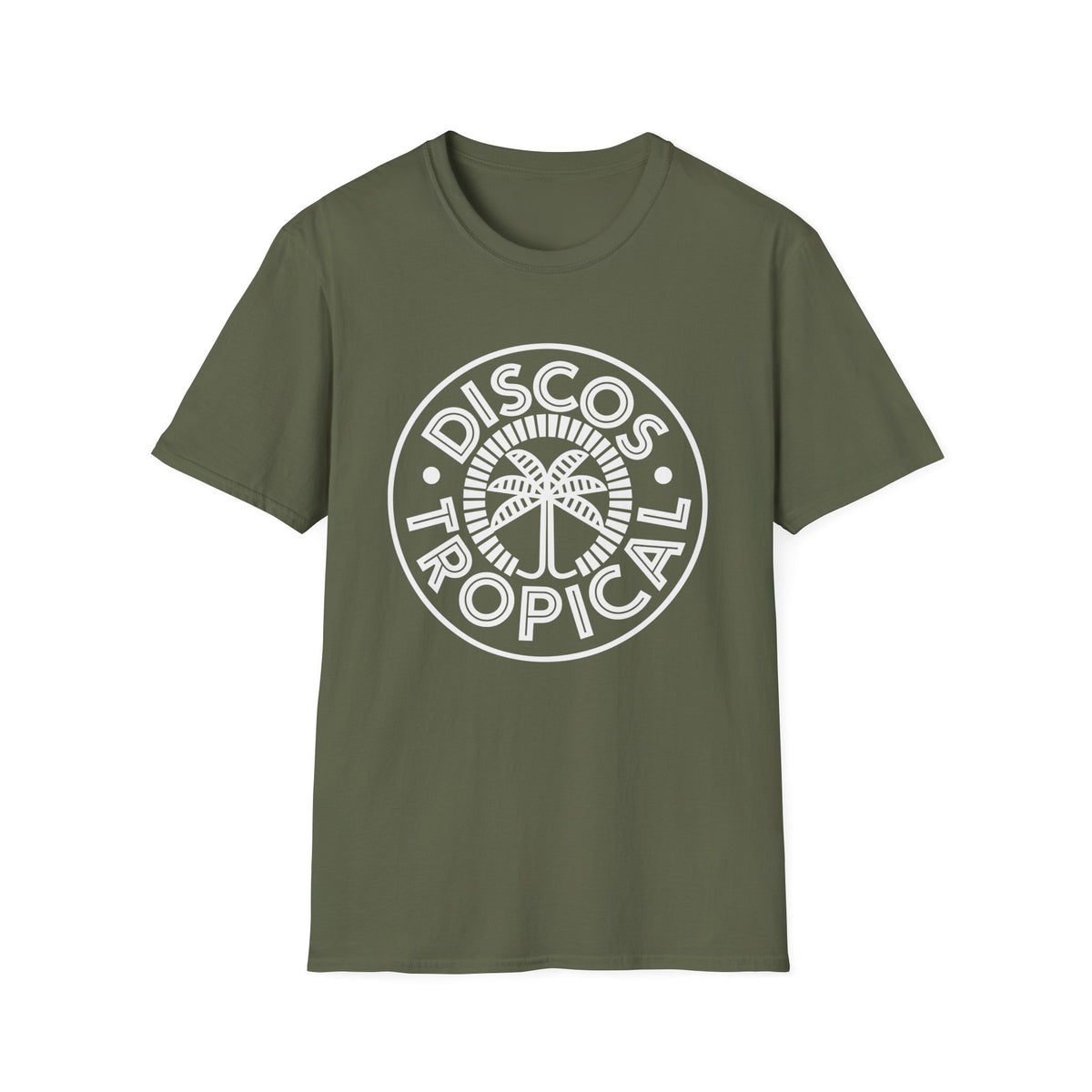 Green t-shirt with white "Disco Tropical" circular logo and palm tree graphic.