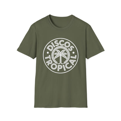 Green t-shirt with white "Disco Tropical" circular logo and palm tree graphic.